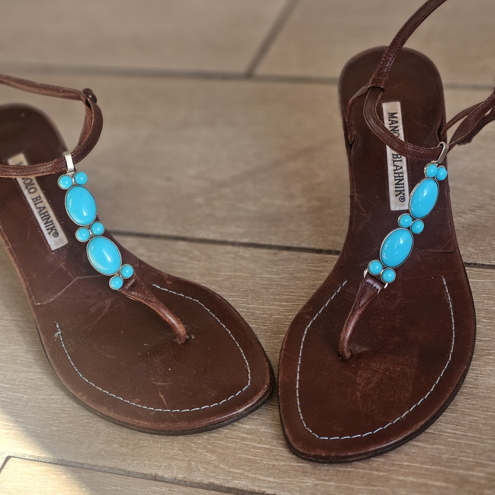 Manolo Blahnik Brown Sandals with Blue Embellishments